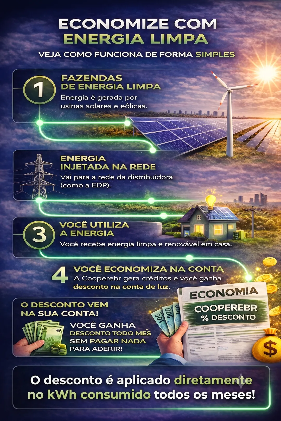 Como funciona: usinas geram energia limpa, ela é injetada na rede da distribuidora (EDP), você utiliza a energia e ganha desconto na conta de luz todo mês.