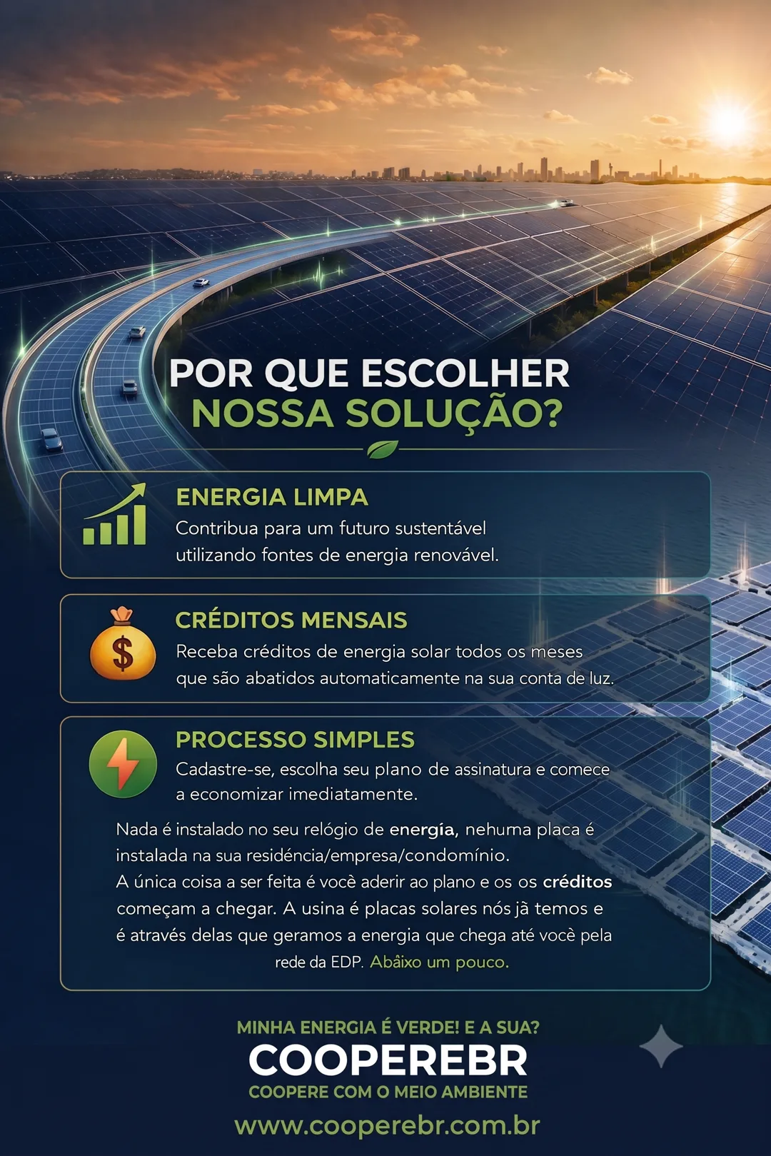 Por que escolher a COOPERE-BR: energia limpa, créditos mensais abatidos na conta e processo simples, sem instalar nada.